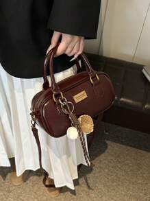 配有毛绒娃娃装饰斜肩女士手提包，大容量软皮波士顿托特包，适合所有季节通勤，新款秋冬女包，最佳秋季钱包，完美搭配秋季服装女士秋季服装女士 - 紅色 - 查看 2