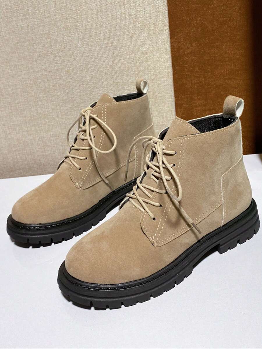 Giày bốt nữ, Giày bốt cổ ngắn đế dày thời trang mới phong cách Anh, đế mềm, đế xuồng, giày bốt - màu nâu - Xem 1