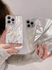 1 件个性化激光羽毛全息银色手机壳，自定义字母名称，极简奢华情侣手机保护套 - 銀色 - 查看 3