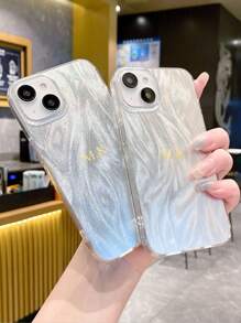 1 件个性化激光羽毛全息银色手机壳，自定义字母名称，极简奢华情侣手机保护套 - 銀色 - 查看 6