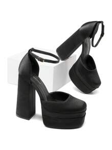 Women Platform High Chunky Block Heels Pumps Square Closed Toe Ankle Strap Solid Color Wedding Party Prom Festival Shoes - SATIN ĐEN - Xem 6