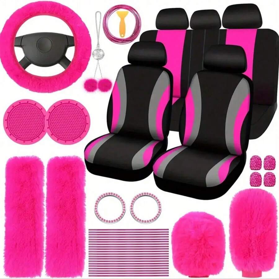 35-Piece Car Seat Cover Set With Steering Wheel Cover, Cup Holder Coasters, Shoulder Pads, And Accessories - Polyester Fabric Interior Decor Kit Without Filler - Màu Hoa hồng đỏ - Xem 1