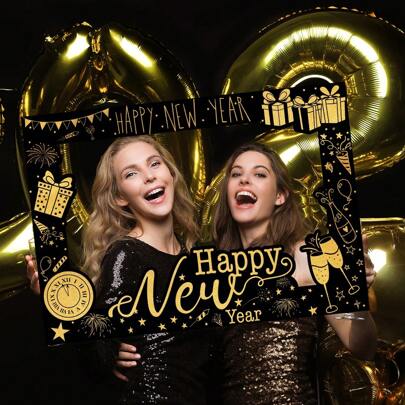 1pc 19*26.77 Inch Black Gold Glitter Happy New Year Photo Booth Props Frame Party Supplies - New Years Eve Party Supplies 2025, Happy New Year Cheer For Spring Festival Party Decorations Photo Prop