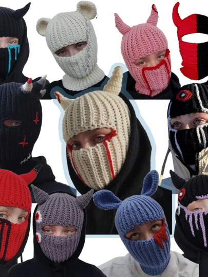 Máscara facial con cuernos de diablo divertida, cubierta de cabeza de animal para fiestas, gorro de punto con cuernos tejido cálido, otoño/invierno