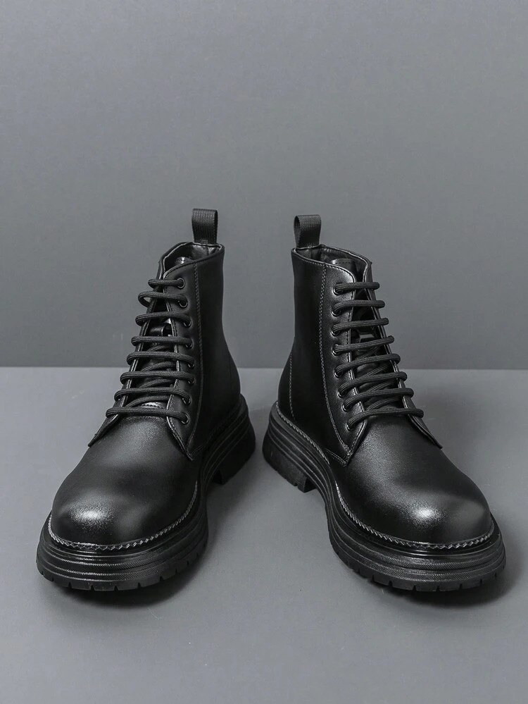 高帮简约系带摩托车靴，百搭男女情侣踝靴 - 黑色 - 查看 4