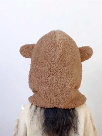 1件婴儿卡通熊耳羊羔针织拉法帽带面罩，保暖抓绒护耳头套帽，适合2-9岁儿童