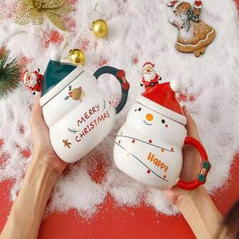 1pc Creative Santa Claus & Snowman Ceramic Mug With Lid & Spoon, Cartoon Character Couple Coffee Cup