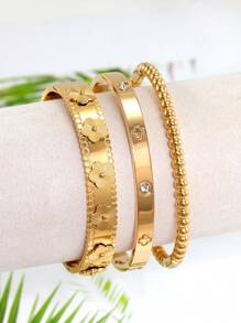 1pc Fashion 18K Gold Plated Stainless Steel Flower Bangle Bracelet For Women, European And American Style Party & Wedding Jewelry Gift Valentines,Mom,Mother,Mother's Day,Gift