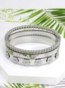 1pc Fashion 18K Gold Plated Stainless Steel Flower Bangle Bracelet For Women, European And American Style Party & Wedding Jewelry Gift Valentines,Mom,Mother,Mother's Day,Gift