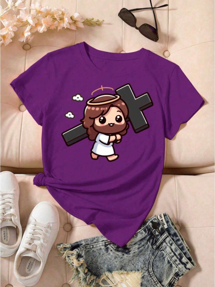 Women's Religious Printed T-Shirt Jesus Carrying Cross - 紫色 - 查看 1