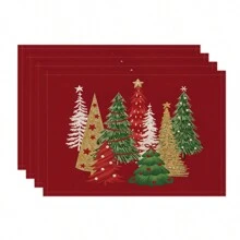 1 pièce/4 pièces/6 pièces Set de sets de table en lin de Noël avec des motifs de fête comme le sapin de Noël, le houx, le flocon de neige. Dessous de plat durables pour la table à manger, convenant pour la maison, le restaurant, la décoration de Noël
