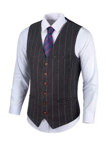 Furuyal Herren Gentleman Business schwarze gestreifte Fischgrätmuster Weste, Slim Fit, Mode, Party, Minimal, Hochzeit Brautjungfer, Reise, Arbeit - Schwarz - Übersicht 5