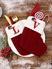 24pcs Knitted Christmas Stockings With Embroidered Letters, Red, Christmas Tree Decorations - Red Letter Socks - View 8