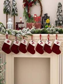 24pcs Knitted Christmas Stockings With Embroidered Letters, Red, Christmas Tree Decorations - Red Letter Socks - View 4