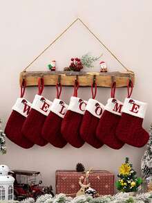 24pcs Knitted Christmas Stockings With Embroidered Letters, Red, Christmas Tree Decorations - Red Letter Socks - View 1