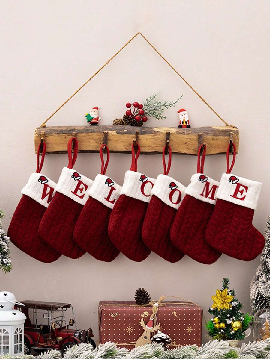 24pcs Knitted Christmas Stockings With Embroidered Letters, Red, Christmas Tree Decorations - Red Letter Socks - View 1