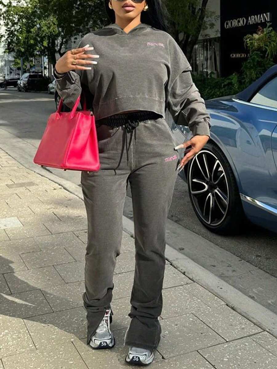 Bộ quần ống đứng thường ngày có mũ trùm đầu thêu phong cách đường phố và dây rút ở eo - Xám - Xem 1