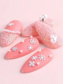 1盒圣诞雪花美甲装饰贴片，3D白色雪花混合9种雪花图案设计，冬季圣诞可爱美甲装饰，DIY美甲沙龙美甲用品 - 白色 - 查看 7