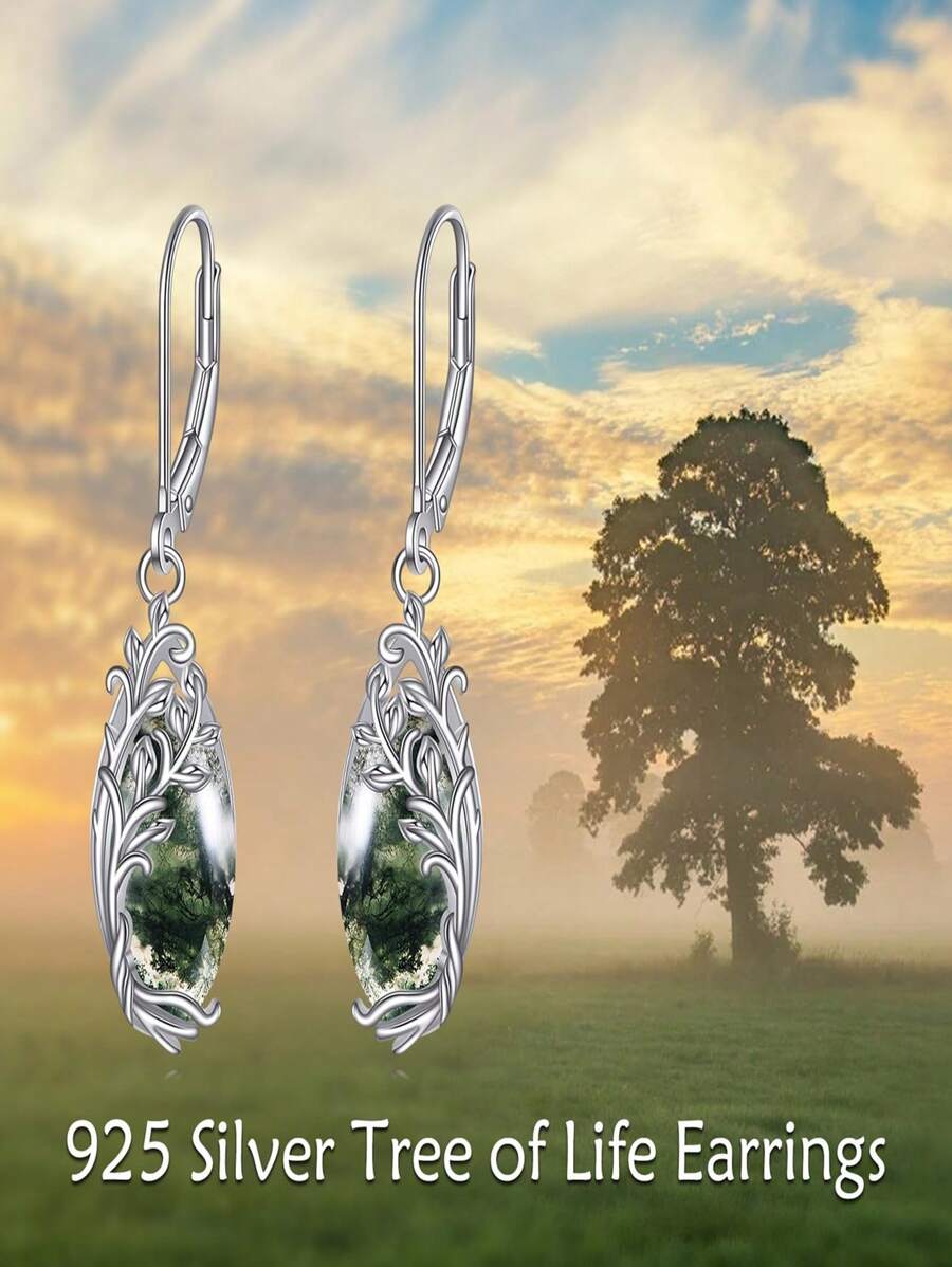 High-End Elegant Pure Silver Malachite Green Water Grass Agate Tree Of Life Pendant Earrings, Gift For Women On Dates, Parties Or Birthdays