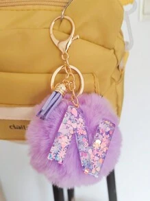 Initial Letter Keychain Pendant Resin Letter Keychain Wallet Backpack Accessory, Purple Fur Ball And Letters, Is The Best Gift For Family And Loved Ones, Letters A-Z Are Available For Selection, Fashionable Items, Alphabet Pendant For Bags - Purple - View 17