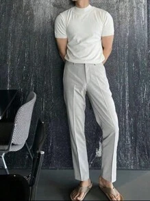Men's T-Shirt Solid Turtleneck Neck Knitted Tops - Blanco - Ver 3