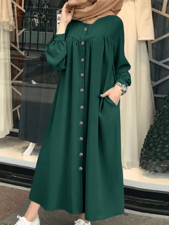 Scacto Vestido largo y modesto con cuello redondo, manga de farol, pliegues y silueta evasé en unicolor, apto para uso diario, fiestas en casa y moda, en versión holgada