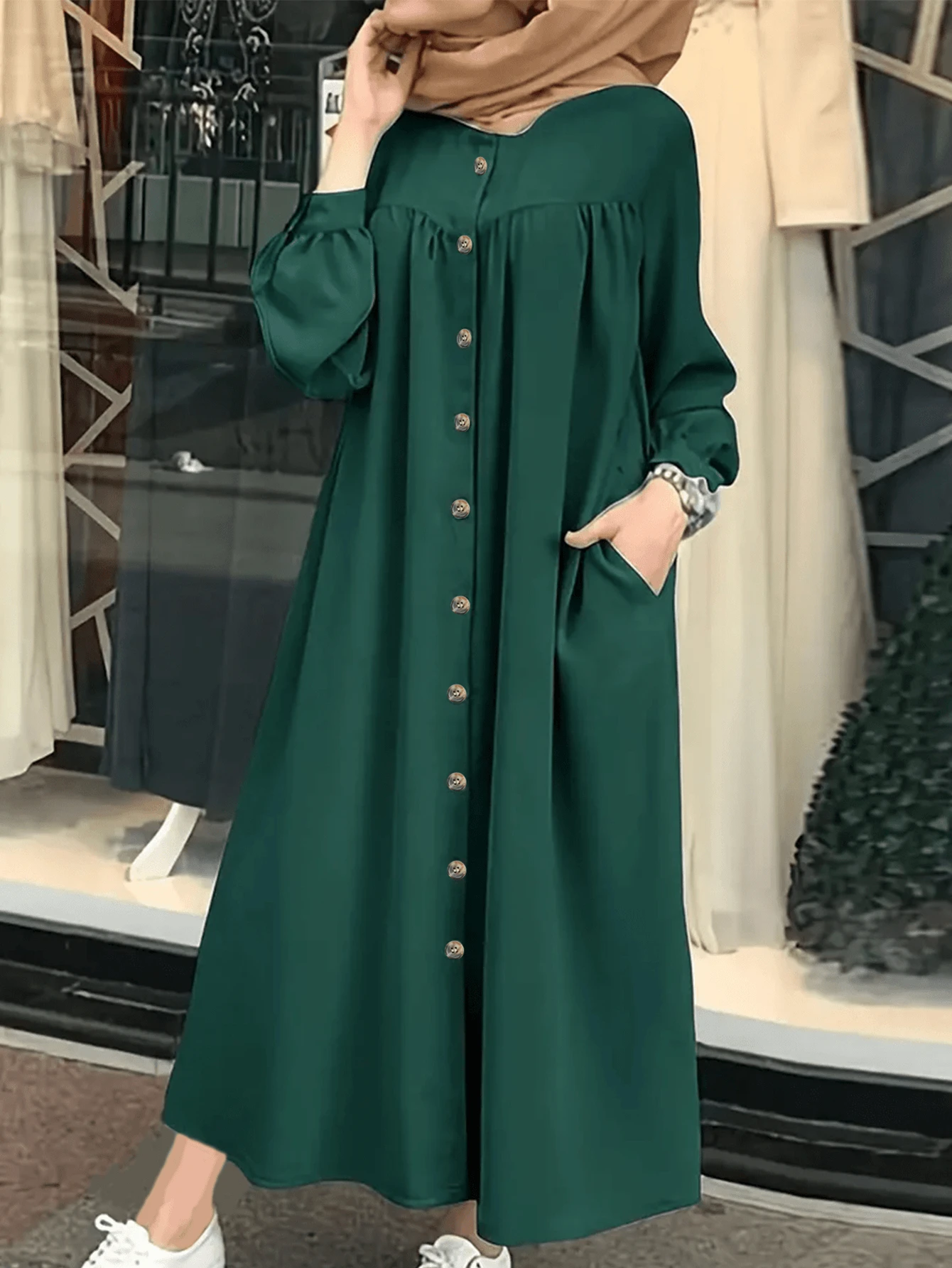 Scacto Vestido largo y modesto con cuello redondo, manga de farol, pliegues y silueta evasé en unicolor, apto para uso diario, fiestas en casa y moda, en versión holgada