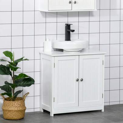  Kleankin 60x60cm Under-Sink Storage Cabinet W/ Adjustable Shelf Handles Drain Hole Bathroom Cabinet Space Saver Organizer White