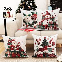 4pcs Christmas Tree Santa Snowman Gift Velvet Throw Pillow Covers Imitation Embroidery Cute Red Green Cosy Soft Decorative Pillowcases One Sided Printing 18in*18in For Xmas Winter Living Room Bedroom Sofa Bed Decor Without Pillow Inserts - Green - View 4