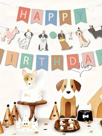 23pcs Dog Themed Print Birthday Party Decorations, Including Pennant Flags, Letter Banners, Colorful Flags For Party Atmosphere And Props