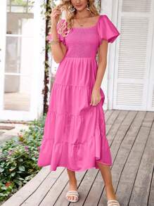 Women's Casual Summer Midi Dress Puffy Short Sleeve Square Neck Smocked Tiered Ruffle Dresses - Màu Hồng Tươi - Xem 3