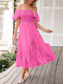 Women's Casual Summer Midi Dress Puffy Short Sleeve Square Neck Smocked Tiered Ruffle Dresses - Màu Hồng Tươi - Xem 5