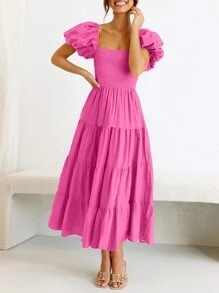 Women's Casual Summer Midi Dress Puffy Short Sleeve Square Neck Smocked Tiered Ruffle Dresses - Màu Hồng Tươi - Xem 6