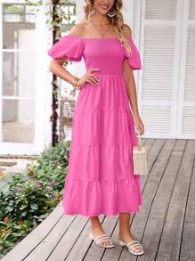 Women's Casual Summer Midi Dress Puffy Short Sleeve Square Neck Smocked Tiered Ruffle Dresses - Màu Hồng Tươi - Xem 4