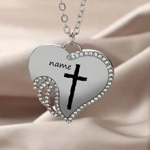 Customized Name Metal Necklace, Stainless Steel Engraved Cross & Name, Fashionable Heart-Shaped Pendant Necklace, Best Friend Birthday Gift, Valentine's Day Gift, Family Holiday Gift