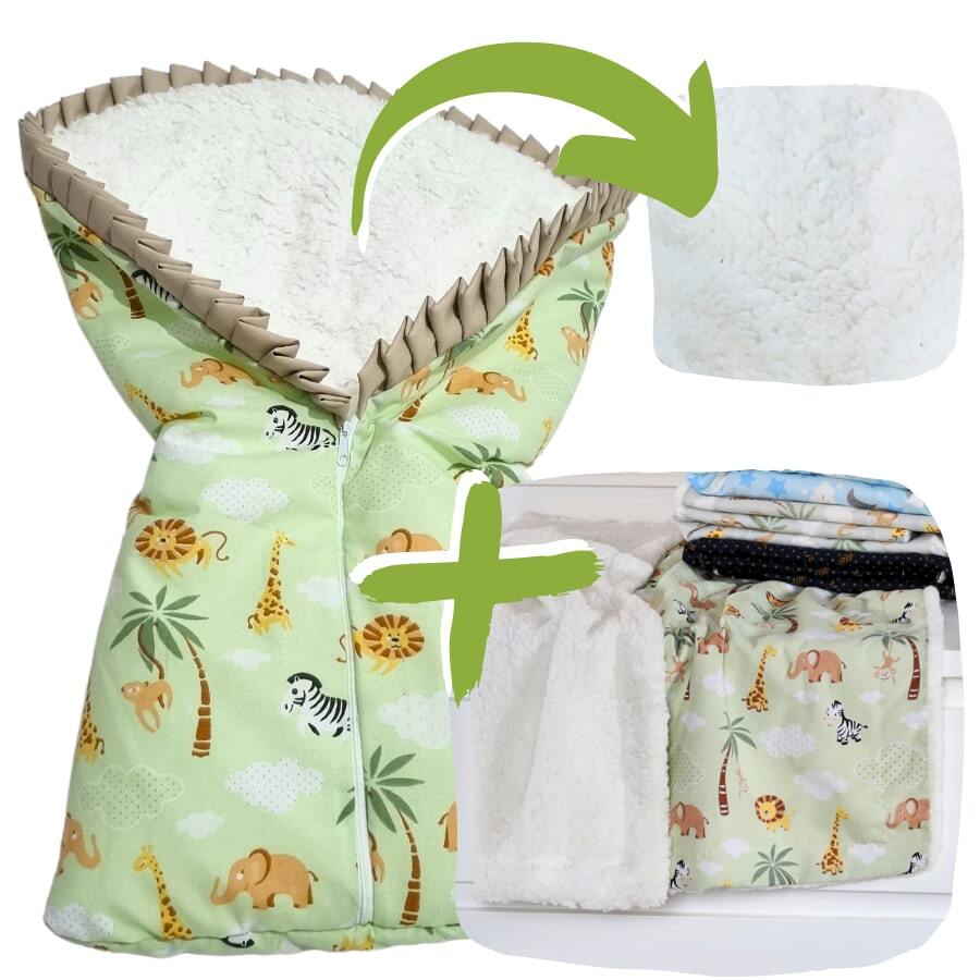 Baby Sleeping Bag Kit Lined With Cocoon Sherpa Blanket + Sheepskin Sherpa Blanket For Cold And Winter 100% Cotton - 綠色野生動物園 - 查看 1