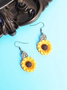 1 对向日葵形耳环，复古合金镀黄花首饰套装，适合女士礼服搭配 - 黃色 - 查看 1