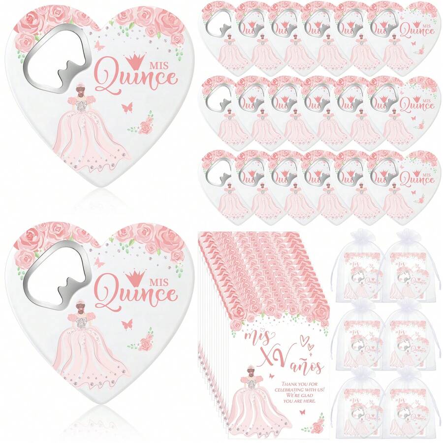 50 Set Quinceanera Party Favor Gifts For Guests Rose Heart Shaped Bottle Opener Sweet 15 Fridge Magnet Thank You Card Quinceanera Party Guest Gift Souvenir For Girls 15 Years Birthday (Pink) - Multicolor - View 1