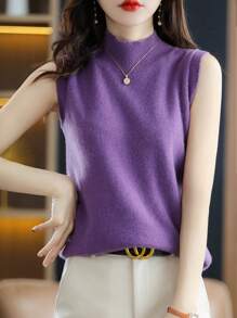 New Women's Knitted Undershirt Female Spring And Summer Lightweight Slim Ladies Short Solid Color Versatile Half-High Neck Bottoming Casual Lightweight Sleeveless Tops - 紫色 - 查看 5