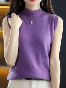 New Women's Knitted Undershirt Female Spring And Summer Lightweight Slim Ladies Short Solid Color Versatile Half-High Neck Bottoming Casual Lightweight Sleeveless Tops - 紫色 - 查看 6