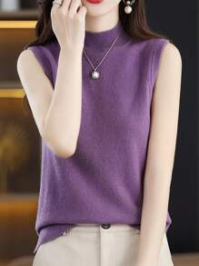 New Women's Knitted Undershirt Female Spring And Summer Lightweight Slim Ladies Short Solid Color Versatile Half-High Neck Bottoming Casual Lightweight Sleeveless Tops - 紫色 - 查看 7