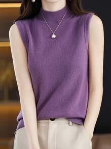 New Women's Knitted Undershirt Female Spring And Summer Lightweight Slim Ladies Short Solid Color Versatile Half-High Neck Bottoming Casual Lightweight Sleeveless Tops - 紫色 - 查看 1