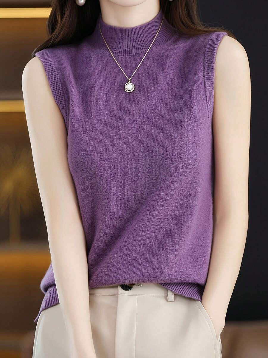New Women's Knitted Undershirt Female Spring And Summer Lightweight Slim Ladies Short Solid Color Versatile Half-High Neck Bottoming Casual Lightweight Sleeveless Tops - 紫色 - 查看 1