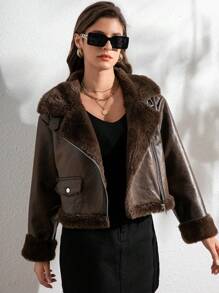 RELISH NOLESS 女式秋冬人造毛皮衬里拉链长袖夹克