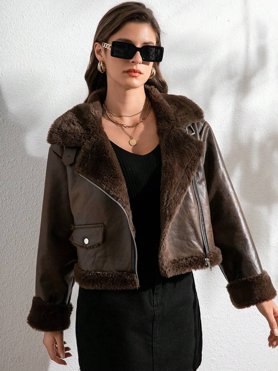 RELISH NOLESS 女式秋冬人造毛皮衬里拉链长袖夹克