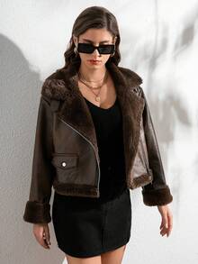 RELISH NOLESS 女式秋冬人造毛皮衬里拉链长袖夹克