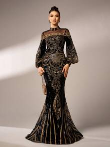 Missord Elegant Long Sleeve Women's Formal Gown Dress With Mesh & Sequins Patchwork Stand Collar, Black Prom Evening Dress, For Wedding Guest, Graduation, Dinner, Party Dress - Black - View 8