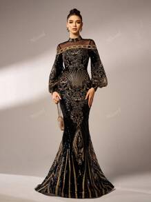 Missord Elegante vestido de noche de manga larga para mujer con parches de malla y lentejuelas, vestido de gala negro para bailes, bodas, graduación, cenas y fiestas