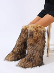 Botas de nieve para mujer de tacón plano, altas y cálidas para el invierno, con puntera redonda y media pantorrilla, con decoración de cadena en el alto del eje, botas de nieve con piel de zorro y botas altas de estilo punk con cadena metálica y calidez. - Marrón - Ver 3