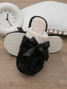 新款女士秋冬拖鞋，室内安静温暖可爱蝴蝶结装饰拖鞋 - 黑色 - 查看 5